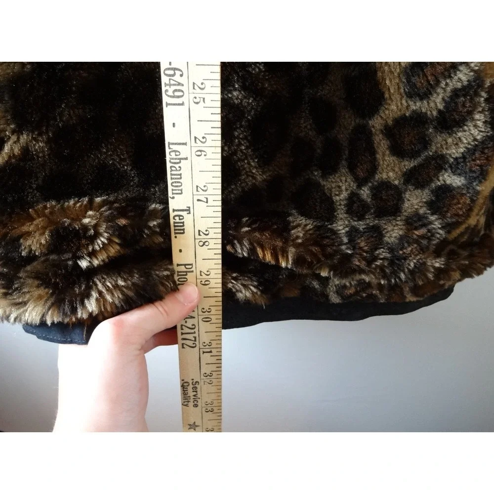 VTG Basic Editions Faux Fur Coat XL/2XL Brown‎ Leopard Print Y2K Zip Up Reverse